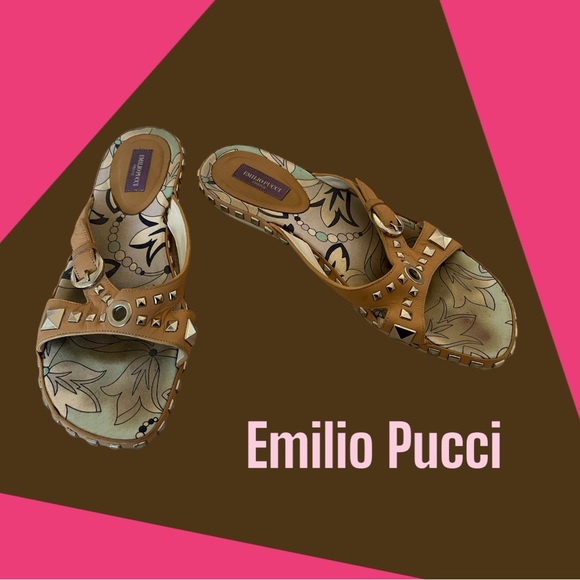 EMILIO PUCCI BEIGE FLAT LEATHER SANDALS POOL BEACH SHOES w/ STUDS - Picture 1 of 7